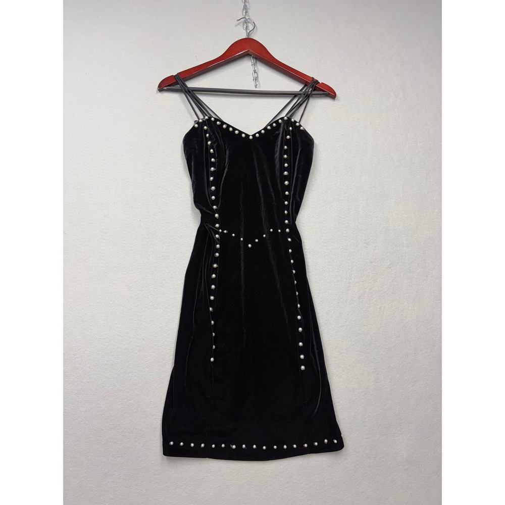 Dollar USA Velvet Mini Dress Womens Medium Black Pearl Trim Y2K Multi-Strap LBD